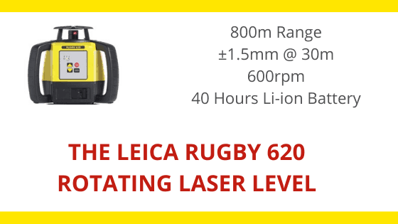 Rotating Laser Leica Rugby 620 Rod Eye 120 w/ Tripod & Rod Package 